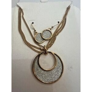 Gold Tone Necklace Earrings Set Silver Glitter Disc Statement NOS Minimal Luxe